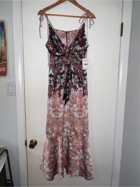 Free People Floral Tie-Front Maxi Dress in Burgundy and Dusty Rose